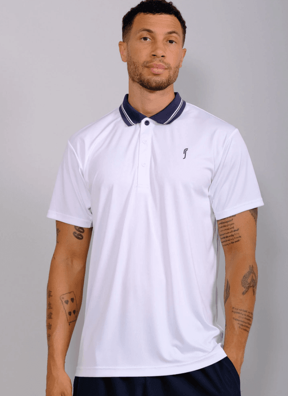 RS Men's Performance Court Polo - Stripled Collar REC (White / Navy)